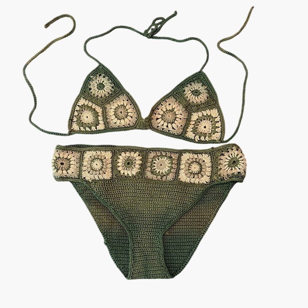 Womens Bikini Set Hand Crochet Granny Square S Green Boho Festival Artisan